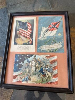 Framed Patriotic Vintage Flag Print Trio Postcard Collection